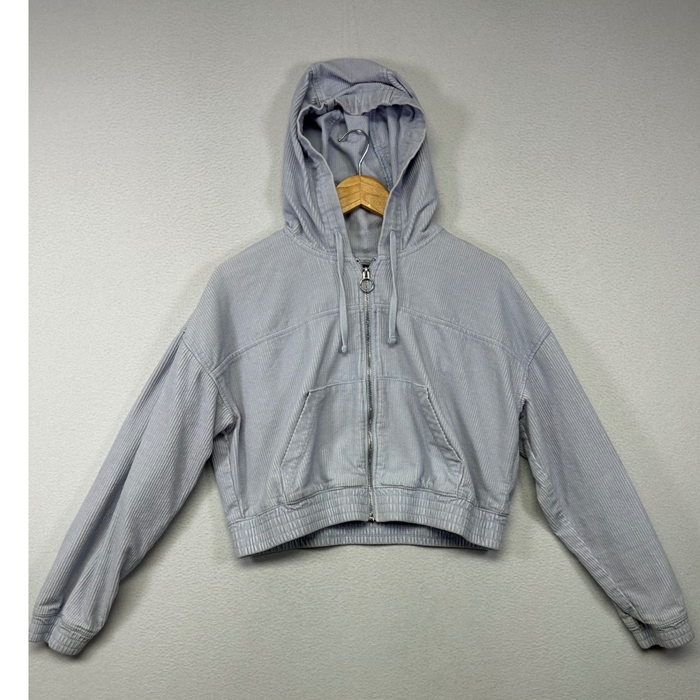 Y2K Soft Girl Hollister Womens Medium Light Blue Corduroy Cropped Zip Up Hoodie